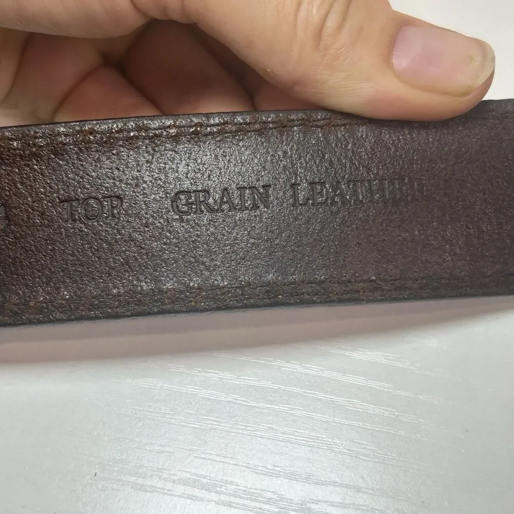 John Deere Top Grain Brown Leather Belt Men Size 34 Silver Buckle Double Stitch